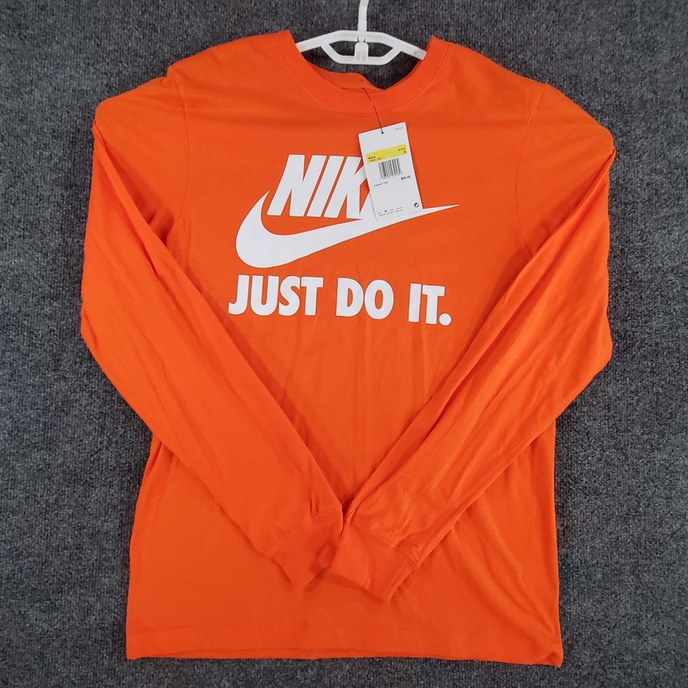 Nike T-Shirt Mens Small FD6647-820 Orange Just Do It Graphic Long Sleeve NEW